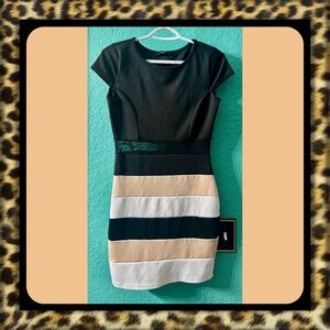 👑✅PRICE FIRM✅Chic and Sexy Black and Tan Striped Mini Body Con Dress